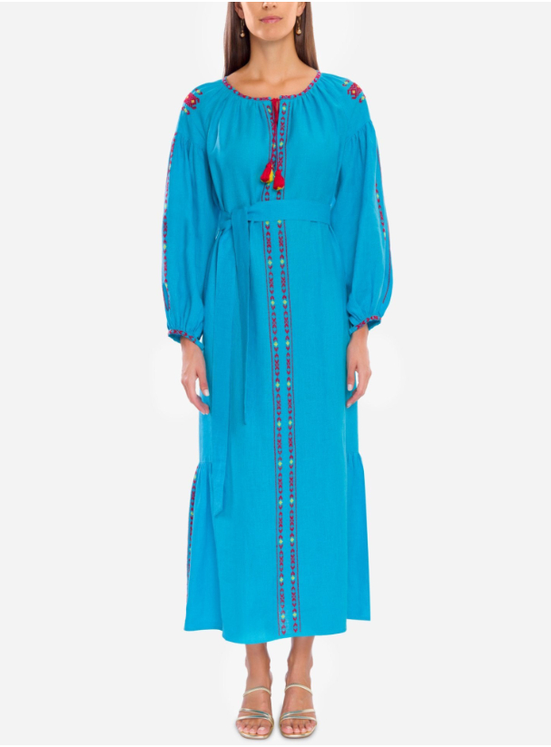 Linen Dress Hand Embroidered Linen Dress featuring Long Voluminous