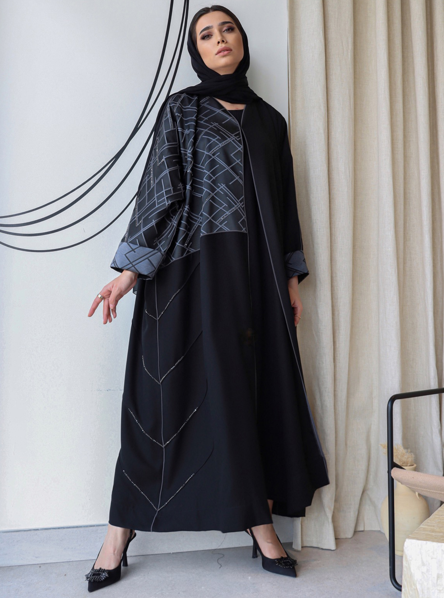 Code:sk141 Grey and black loose fitting abaya with hand work Abayas ...