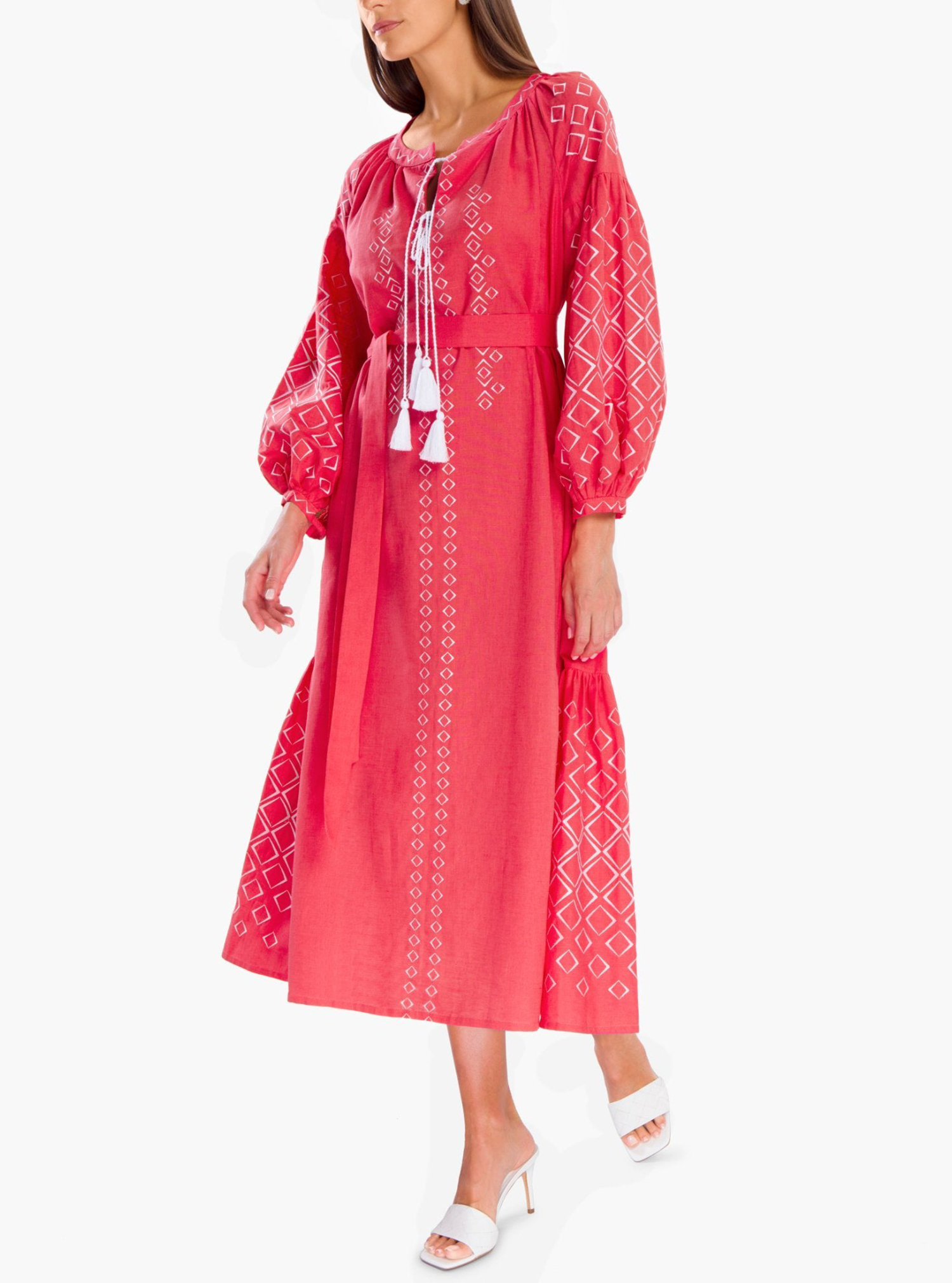 Coral Dress Embroidered Linen Dress featuring Long Voluminous Balloon