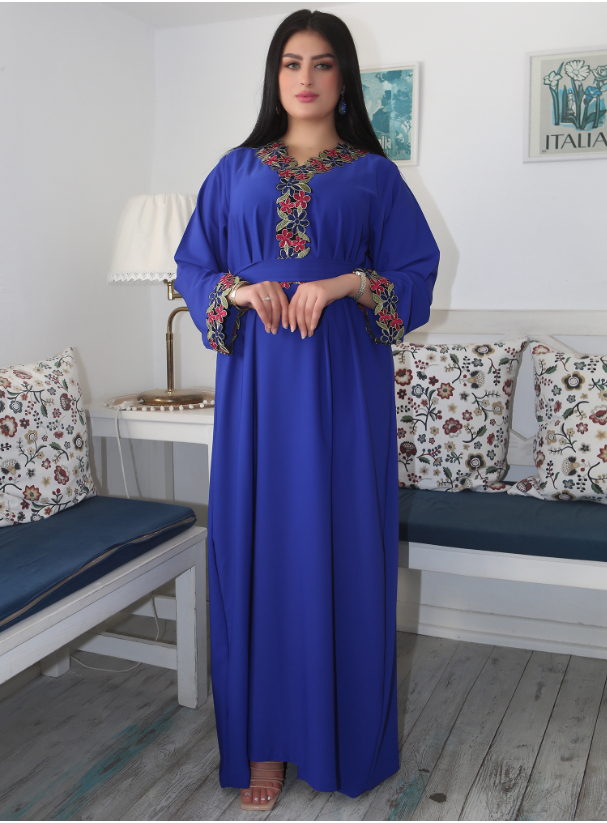 Bleu jalabiya Embroidered blue Jalabiya with belt Kaftans from Fenna at ...