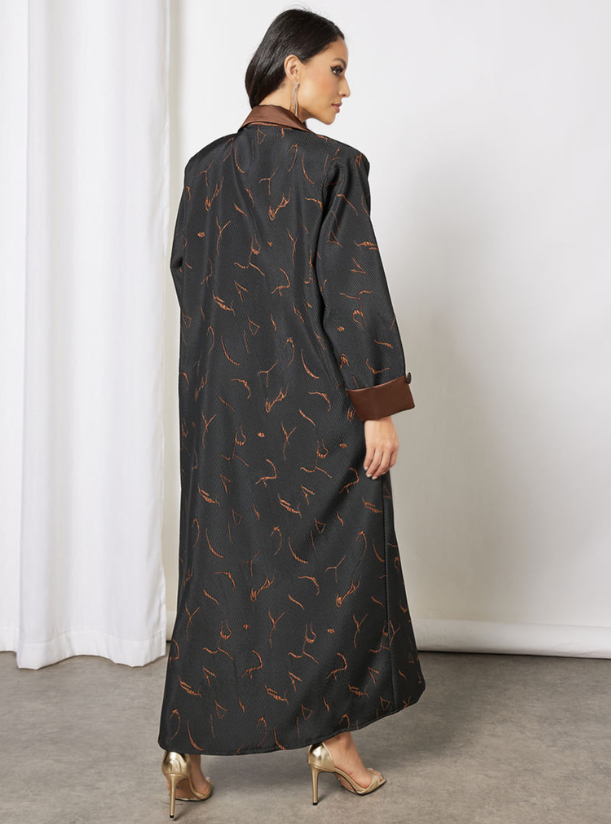 BOUSNI3674 Modern Style Coat Collared Self Printed Abaya Blacl\Copper
