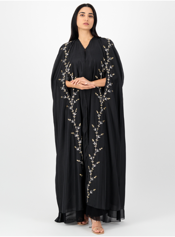 22D27 Silk Organza cape abaya with gold & silver embroidery front ...