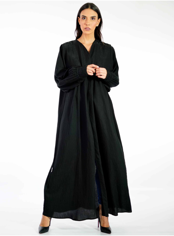 Elegant Linen Black linen foil premium abaya Abayas from GOLDENTHREAD at Boksha