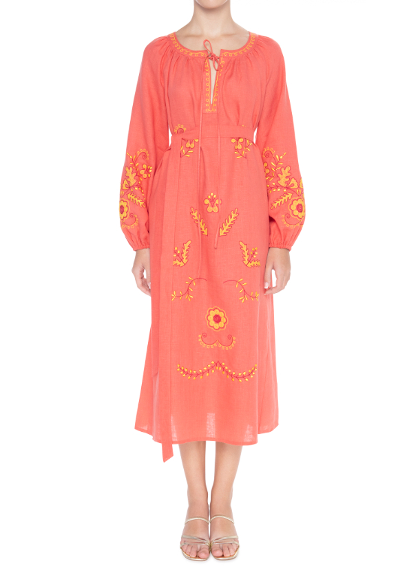 Linen Dress Embroidered Linen Dress featuring Tieup fastening and Long