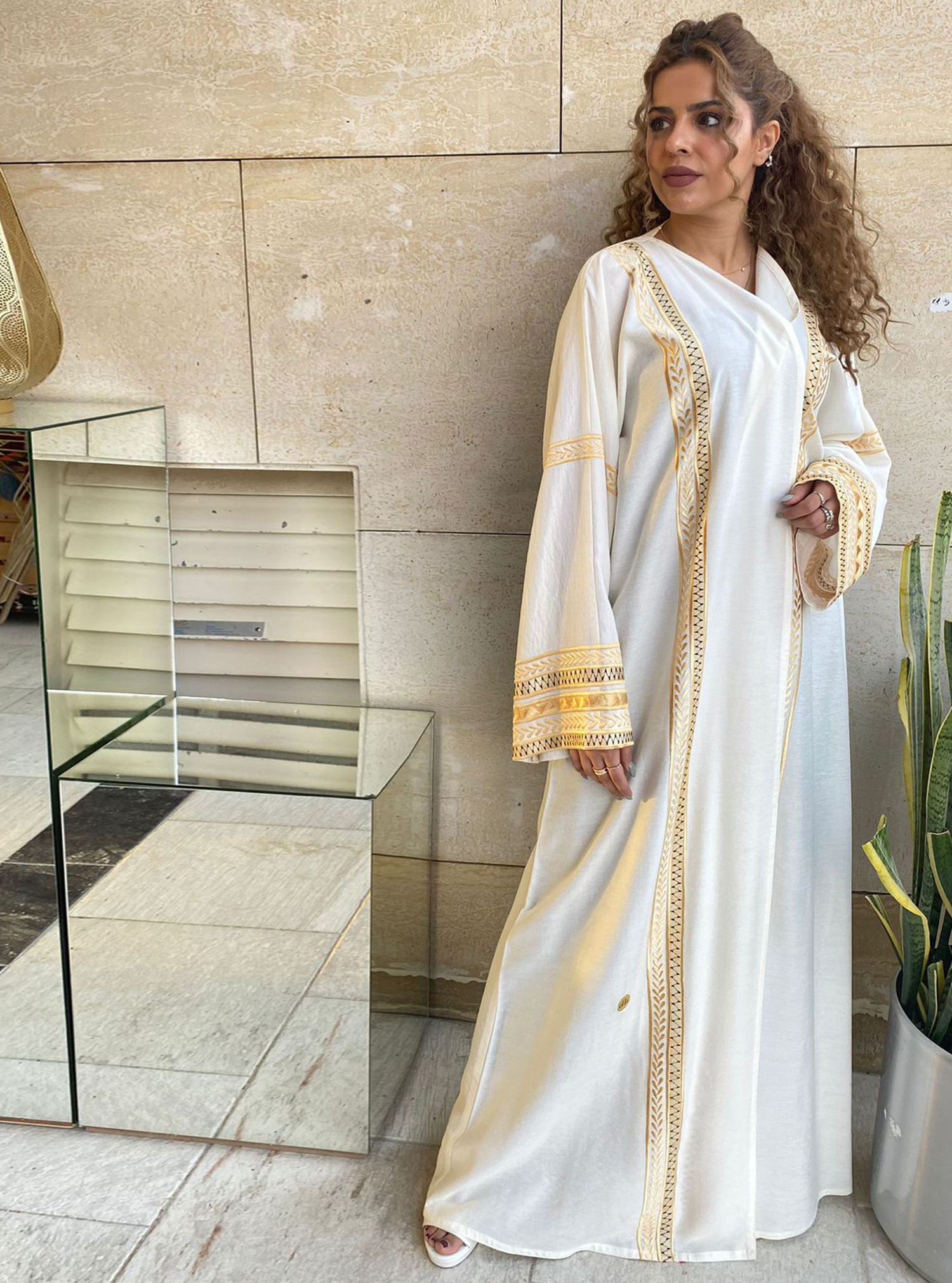 white and gold abaya dress Asymmetrical white Abaya – Hiya Haute Couture main image 0