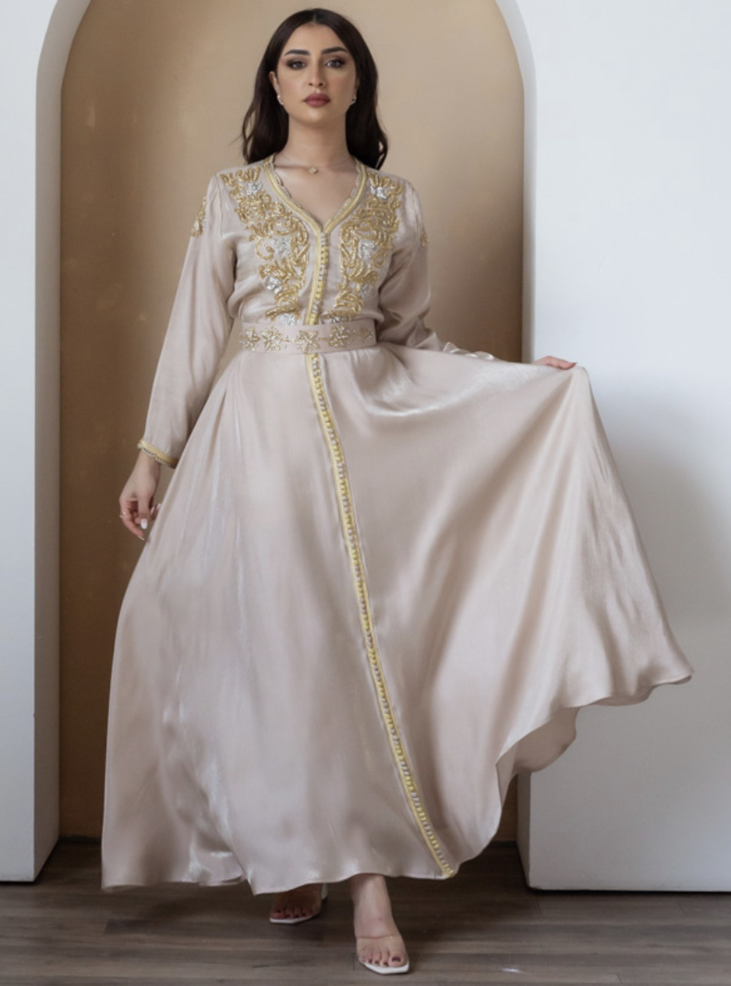 Kaftan Elegant kaftan with golden beads work on chest and sleeves Kaftans from Apparel AM at Boksha