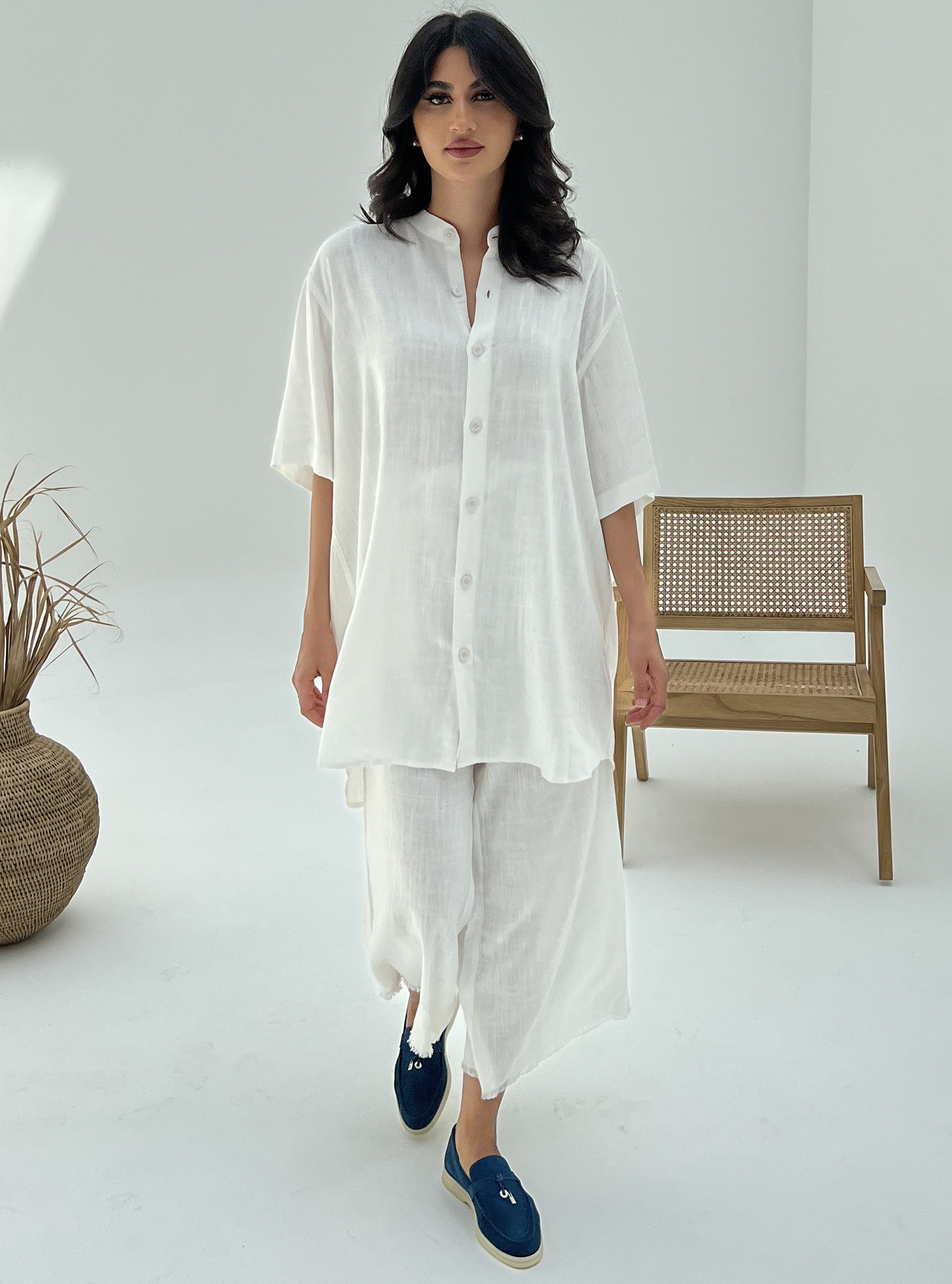 Linen Set 2-piece white linen set of button-down tunic with matching pants.  Travel Wear from Whitesmoke Tag at Boksha