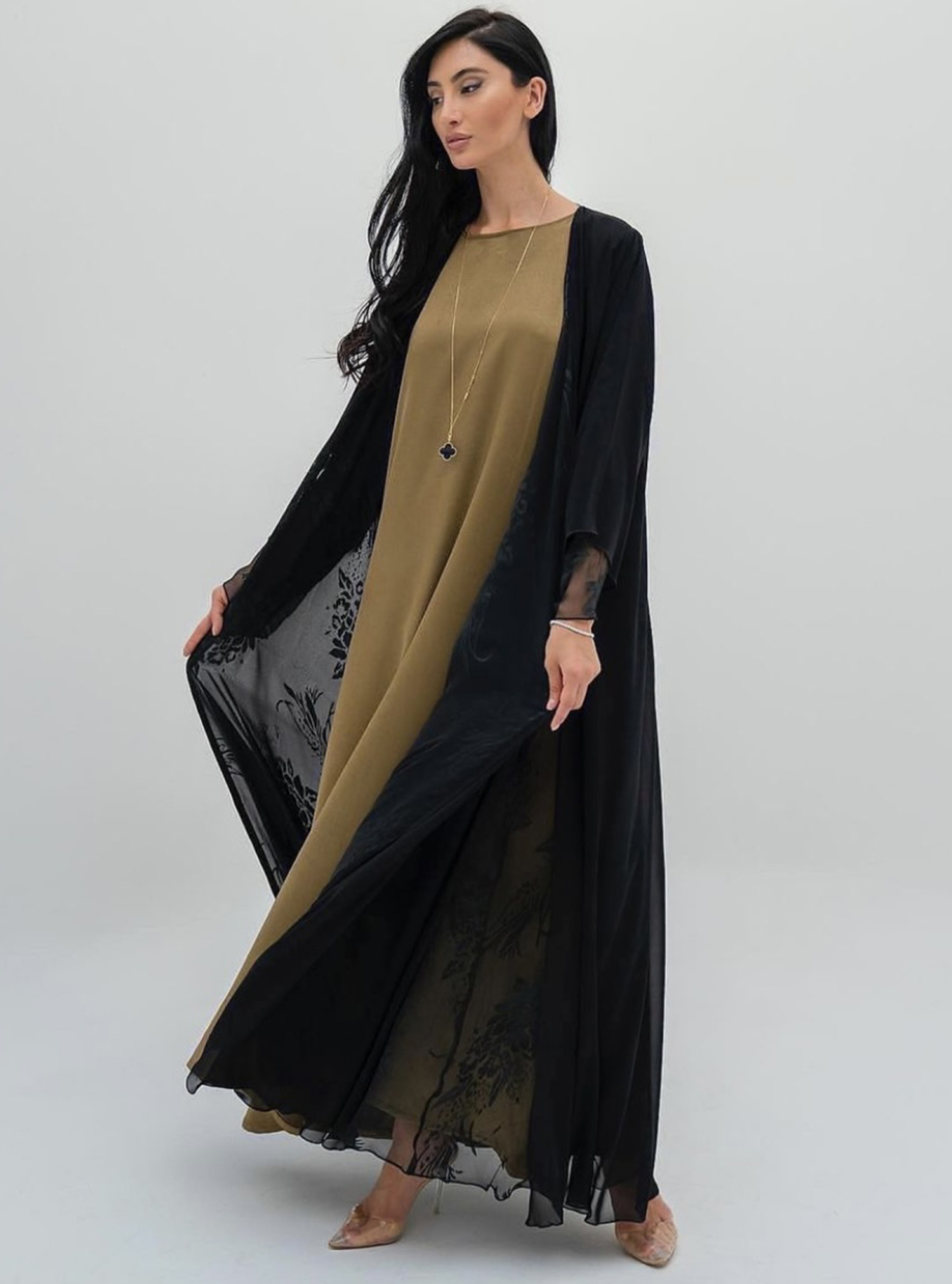 Chiffon abaya Black self-printed chiffon abaya with headscarf. Abayas from  kay at Boksha