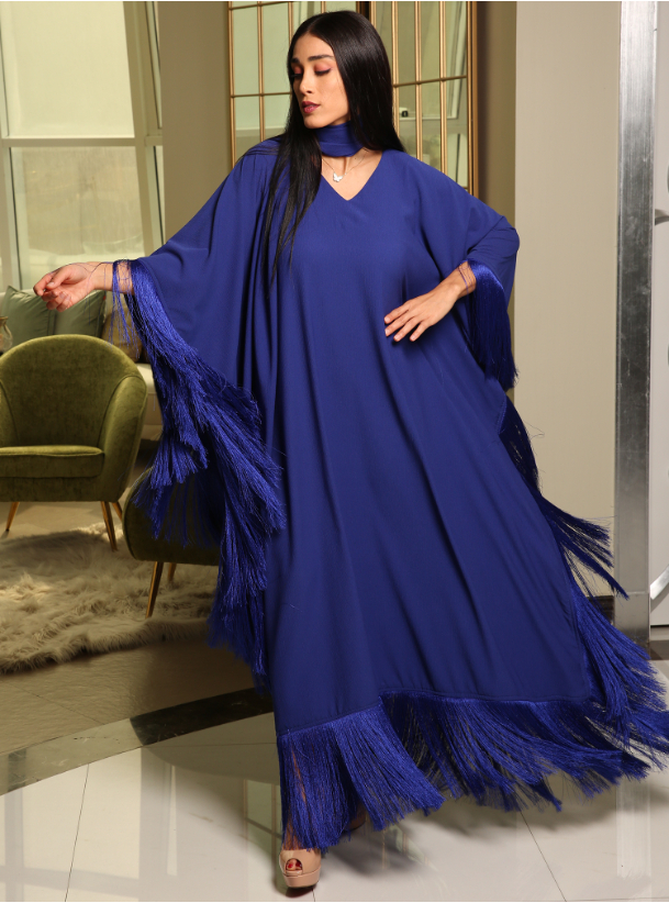 KD2890B Plain Blue tassels dress with scarf. Dresses from at Boksha