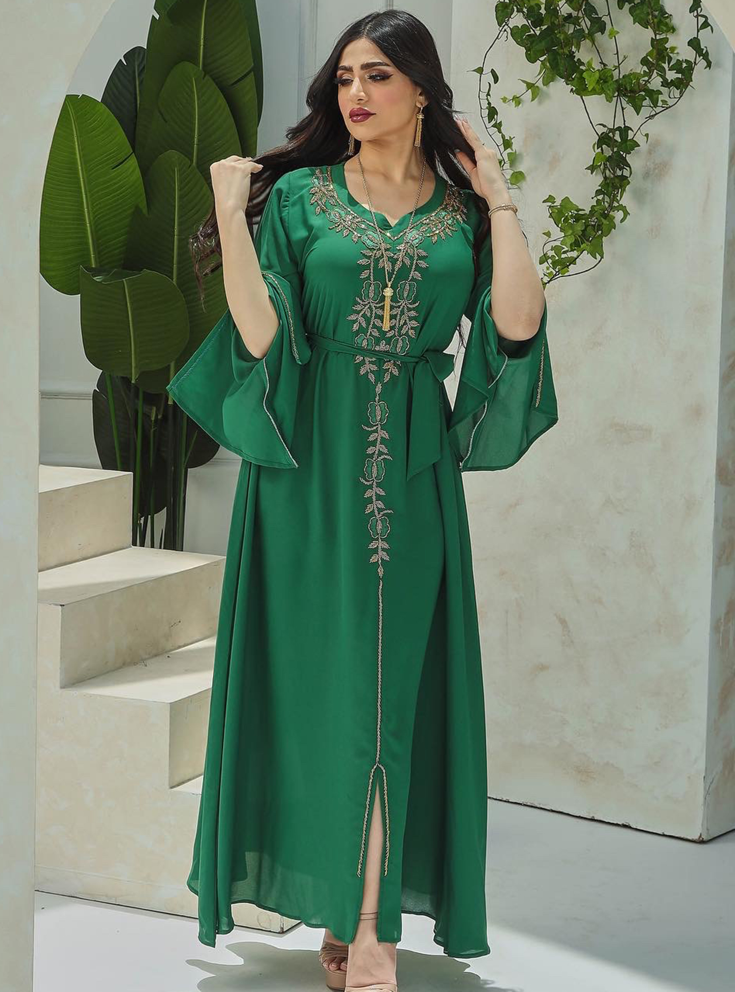 Green Jalabiya Lush green Moroccan jalabiya with embellishments and ...