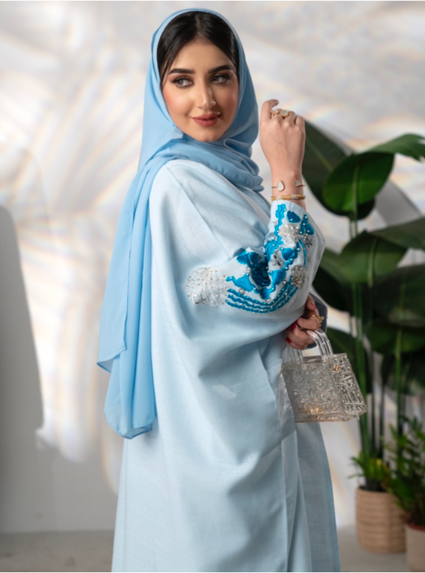 K208 Abaya Light blue bisht abaya with embroidered sleeve details ...