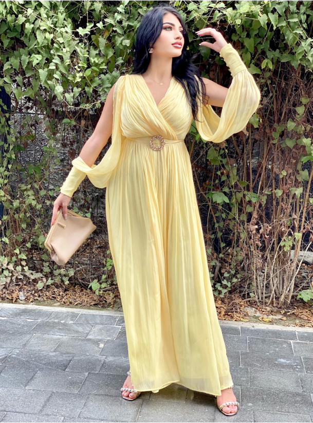 Sunflower Yellow dress with surplice neckline, open sleeves and
