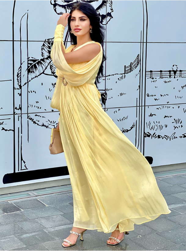 Sunflower Yellow dress with surplice neckline, open sleeves and