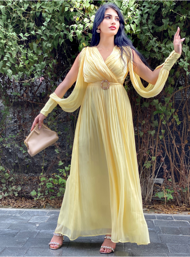 Sunflower Yellow dress with surplice neckline, open sleeves and