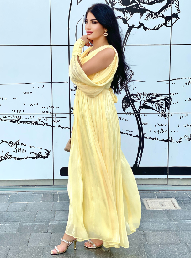 Sunflower Yellow dress with surplice neckline, open sleeves and