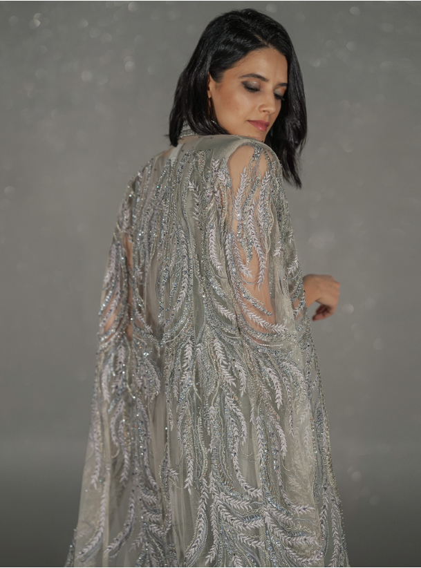 JIDHAB Luxurious hand embroidered grey dress set that includes dress