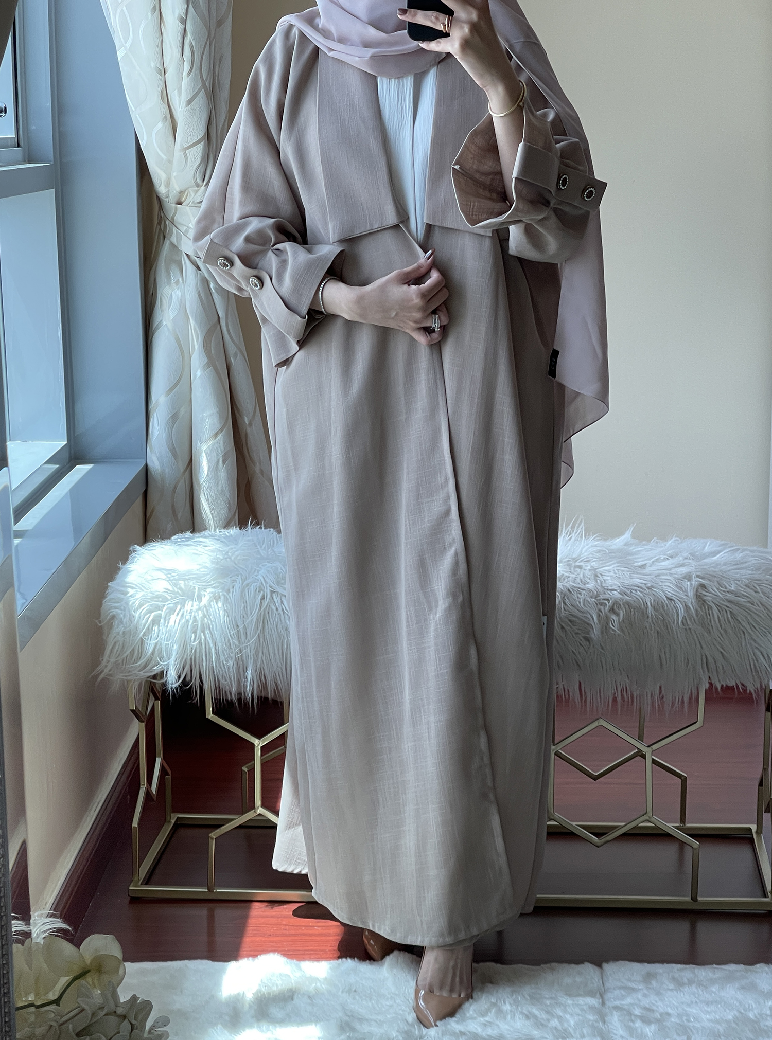 C-LINEN-SET Beige coat style linen abaya with a square shaped collar ...