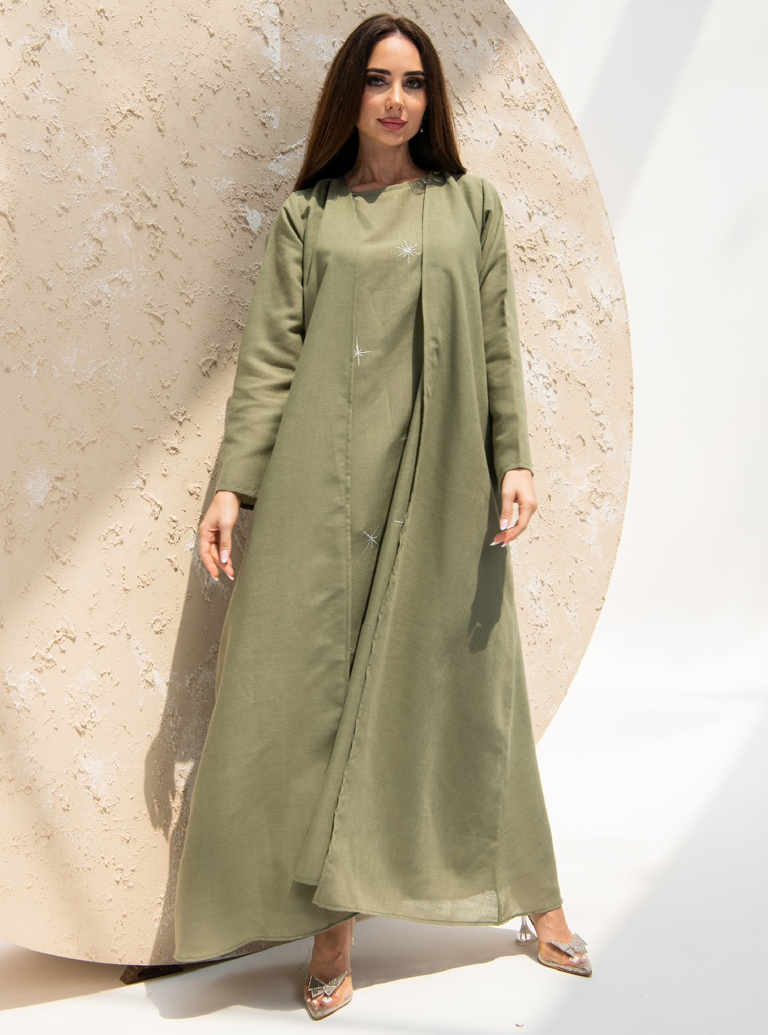 Linen Set-G Lenin Embroidery set of abaya with dress and matching shila ...