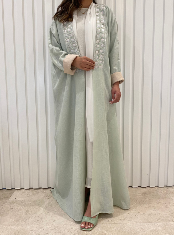 Mint Abaya 12 Mint green abaya with embroidered neckline. Comes with a ...