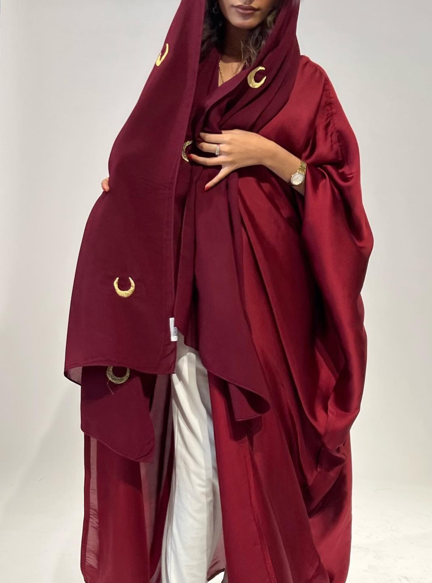 Maroon - 019 burgundy half bisht abaya with moon embroidered headscarf ...