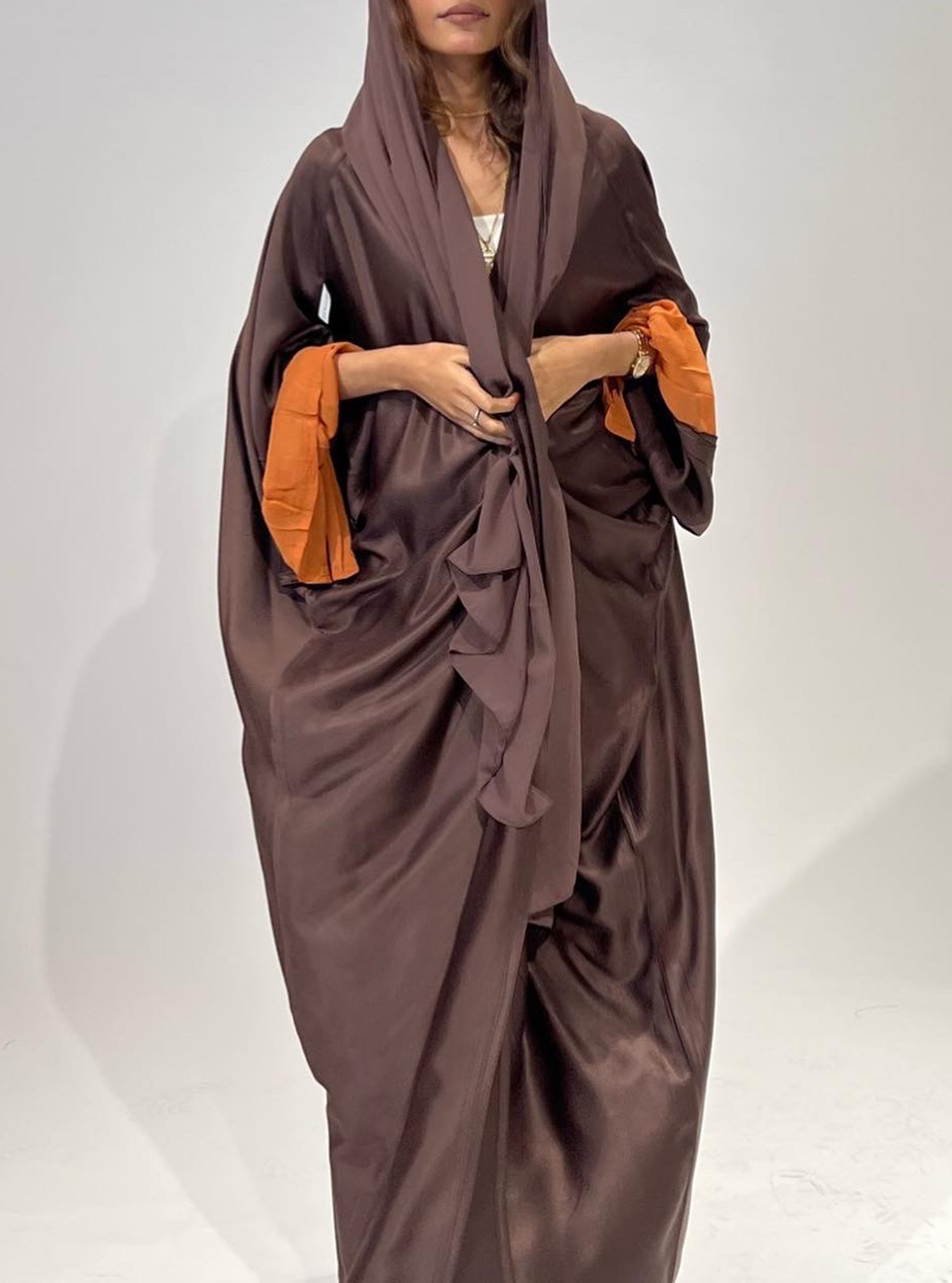 BROWN - 022 Brown butterfly-cut abaya with orange inverted pleat detail ...