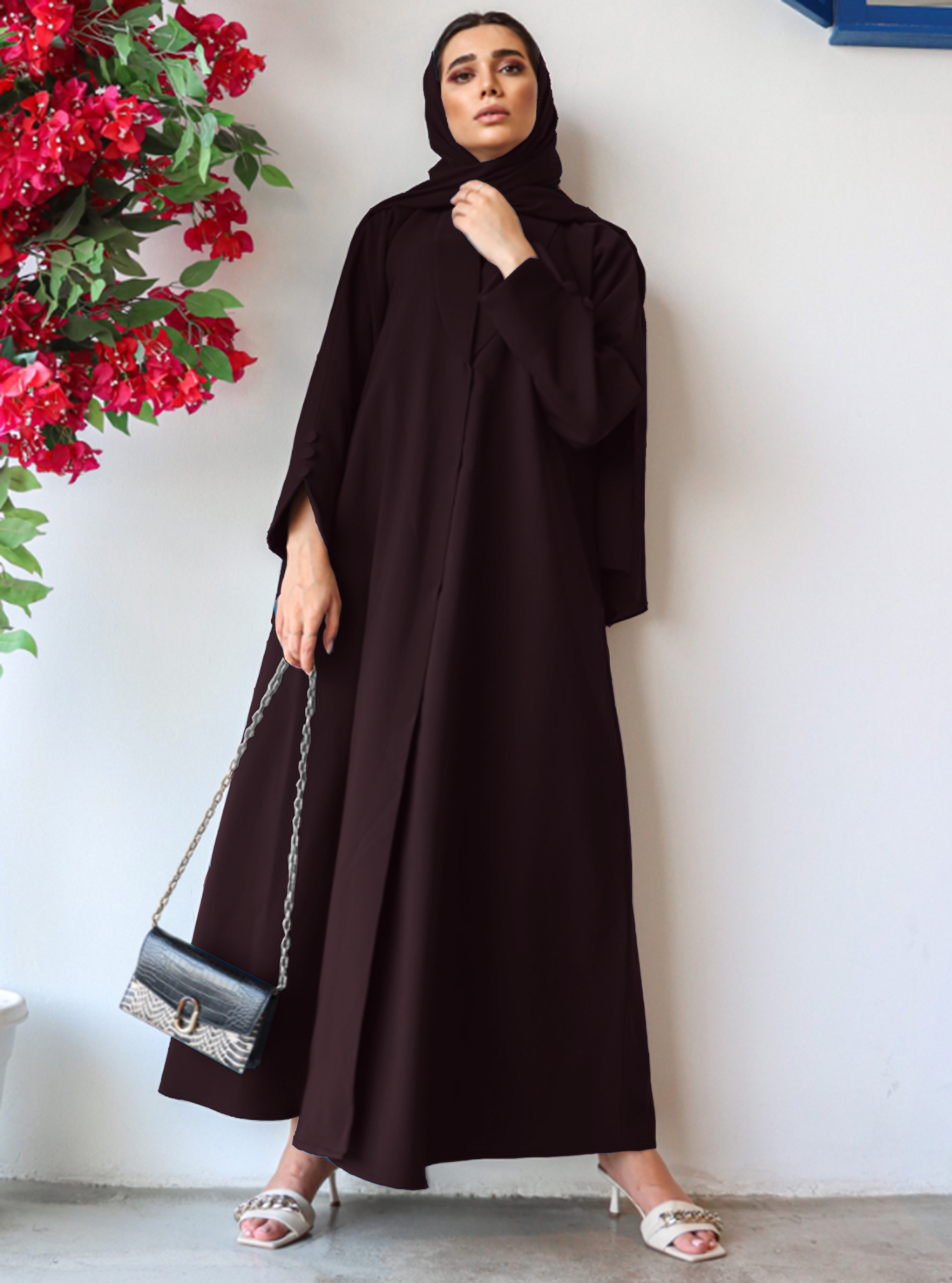 Brown abaya Brown abaya with collar featuring a vented curved sleeve ...