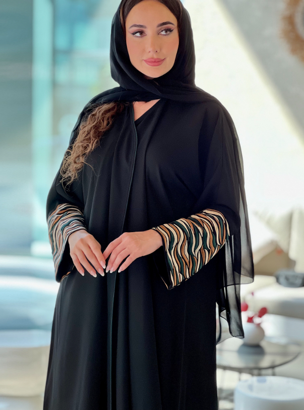 Summer Waves Black abaya with embroidered sleeve details. Abayas from ...
