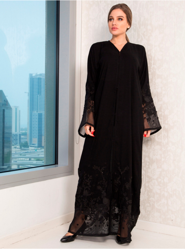 AJ1364A Abaya black premium abaya with intricate embroidery with pearls ...