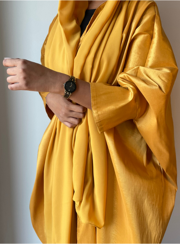 Mustard Abaya Bright mustard bisht abaya with oversized fot. Comes with