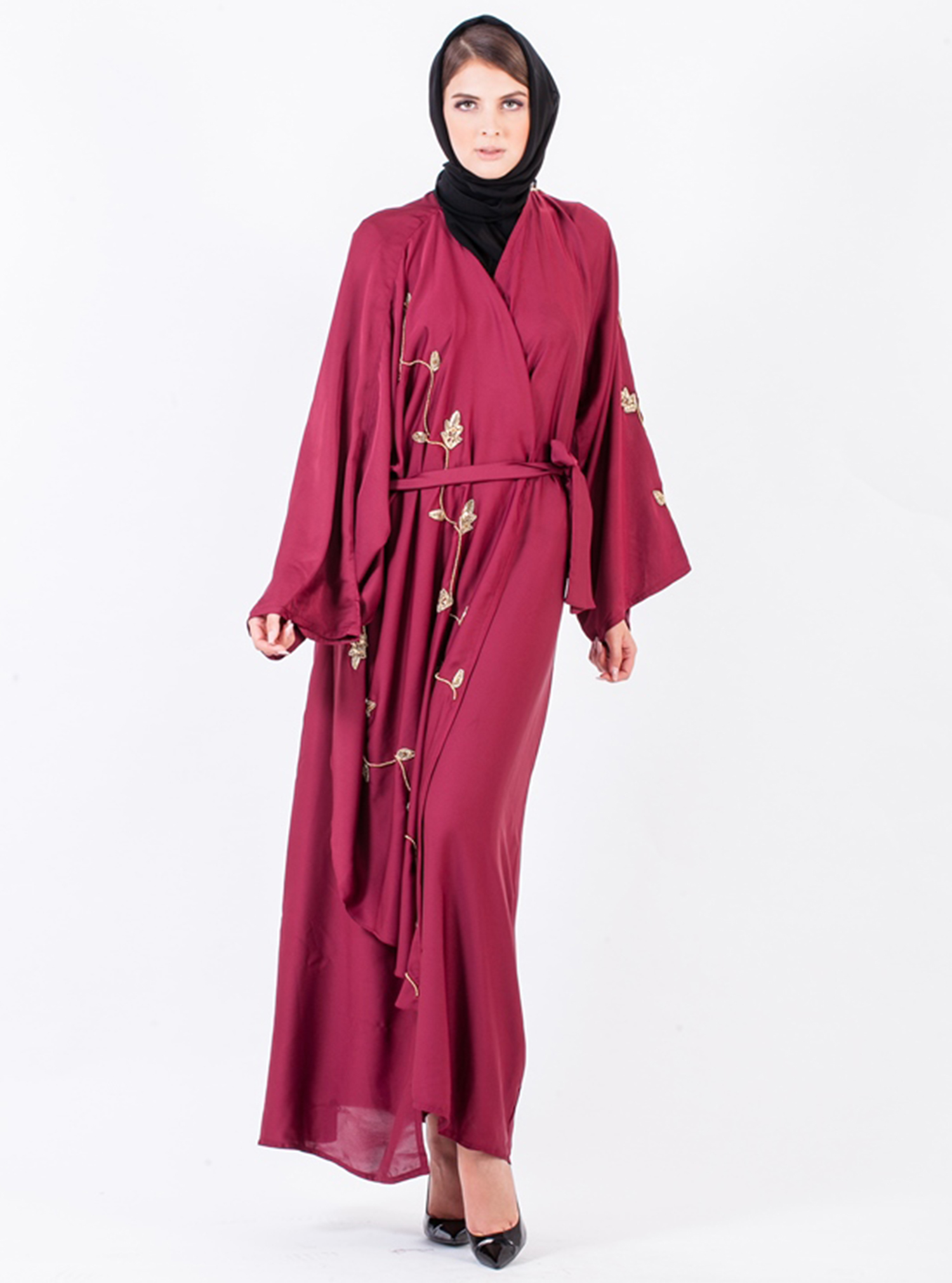 AJ1461A Abaya Maroon abaya with embellishment. Comes with headscarf. Abayas from nukhbaa at Boksha