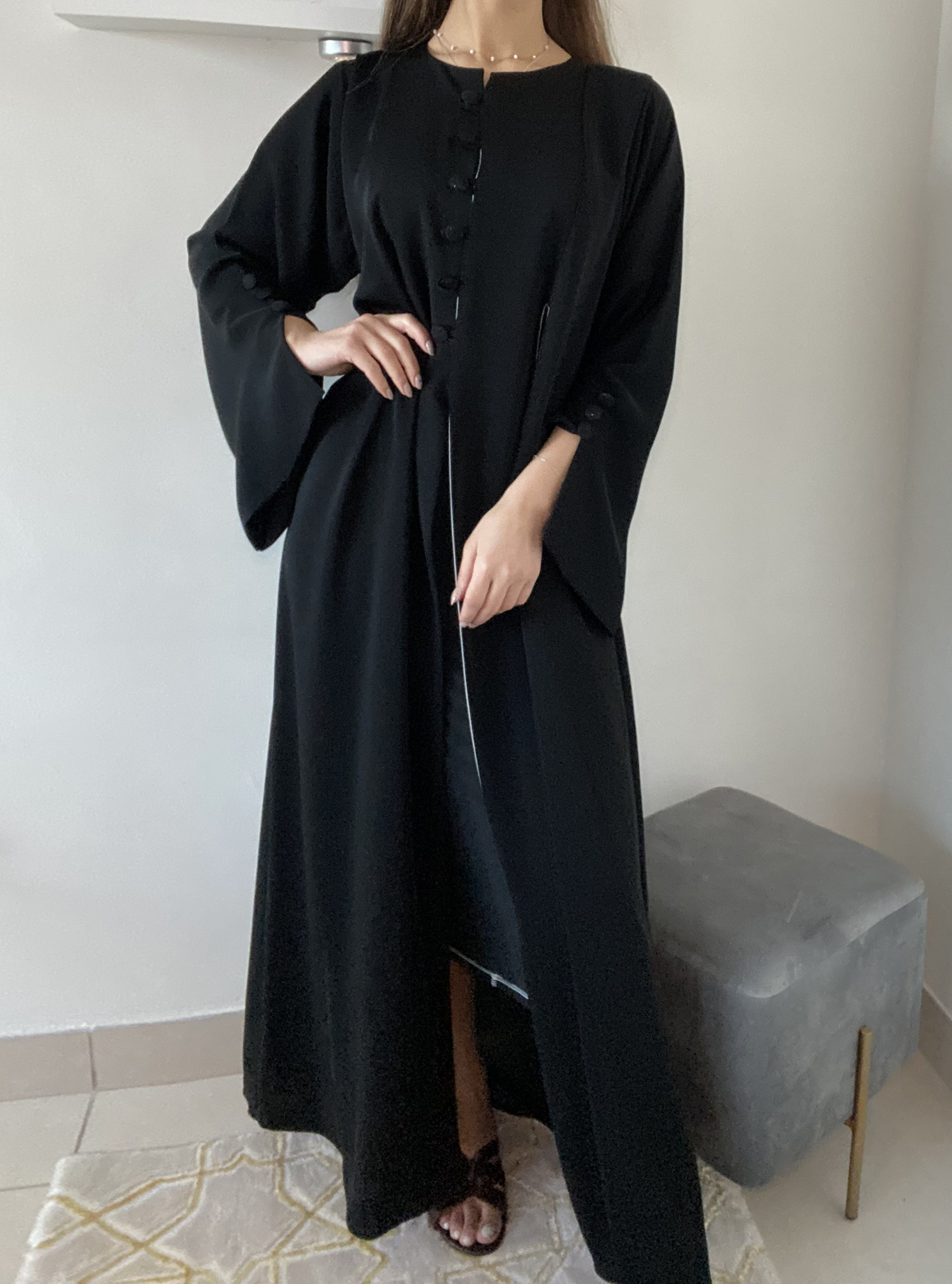 Double Layer Black abaya with white panel design. Comes with a ...