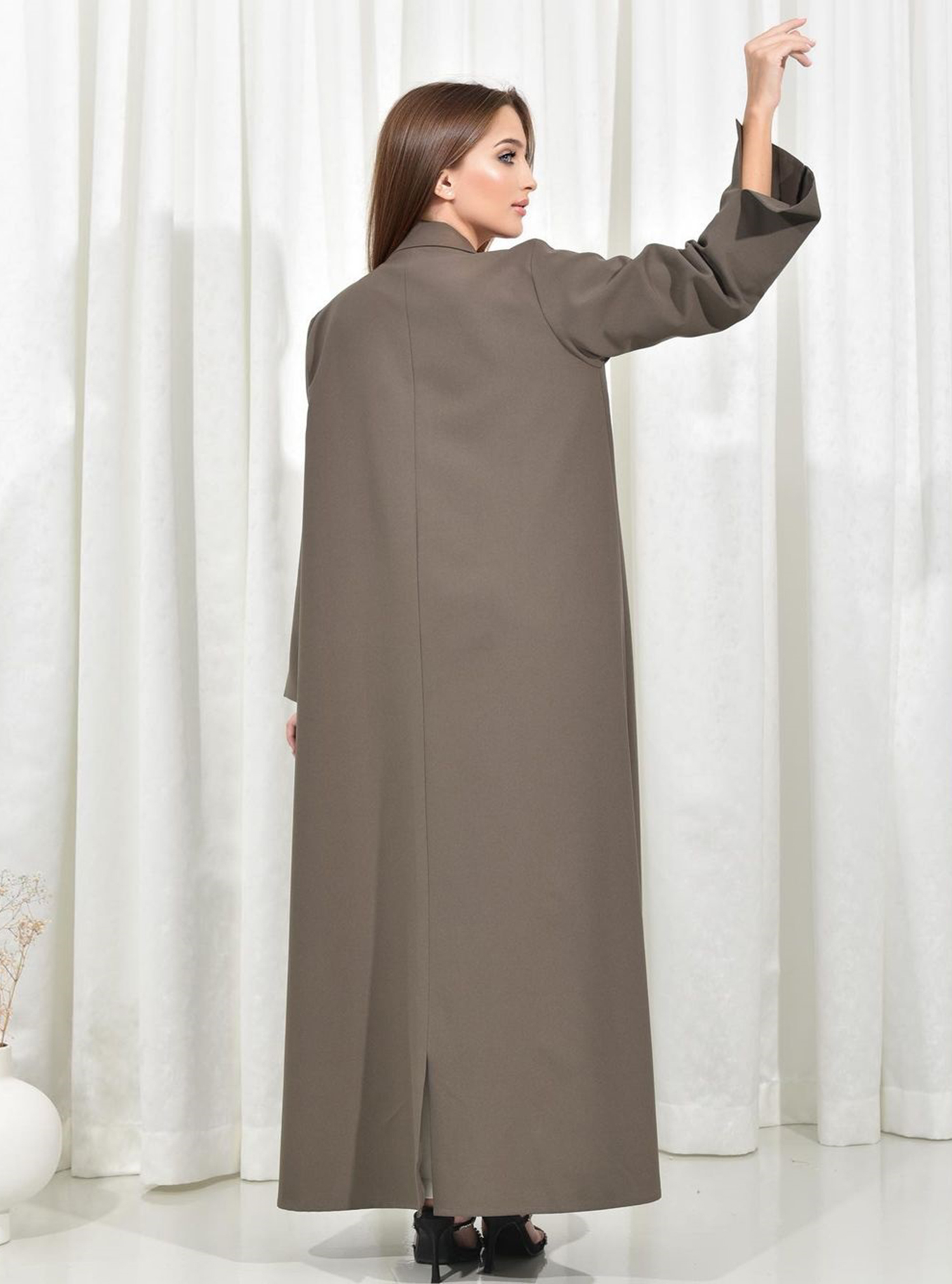 Abaya Taupe Abaya With Notched Collar And Decorative Covered Buttons Abayas From Zee Abaya