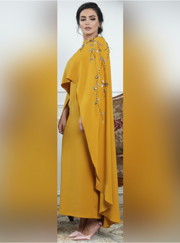 NBQ19022B Mustard yellow cape dress adorned with faux gems