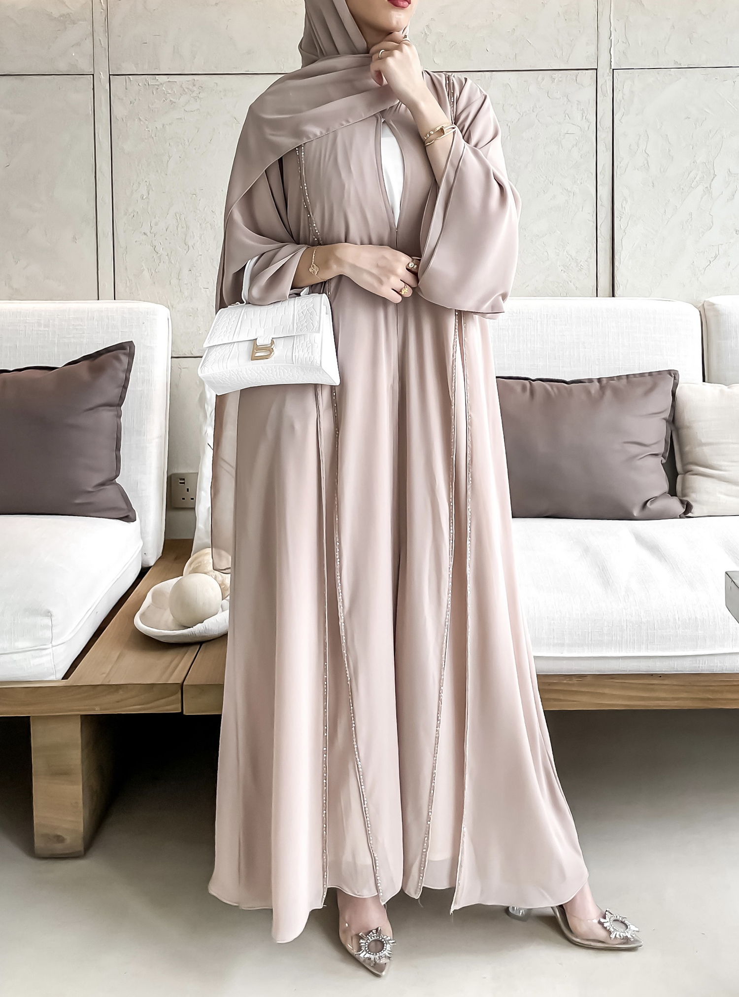 Beige pearl Beautiful beige chiffon abaya adorned with stone ...