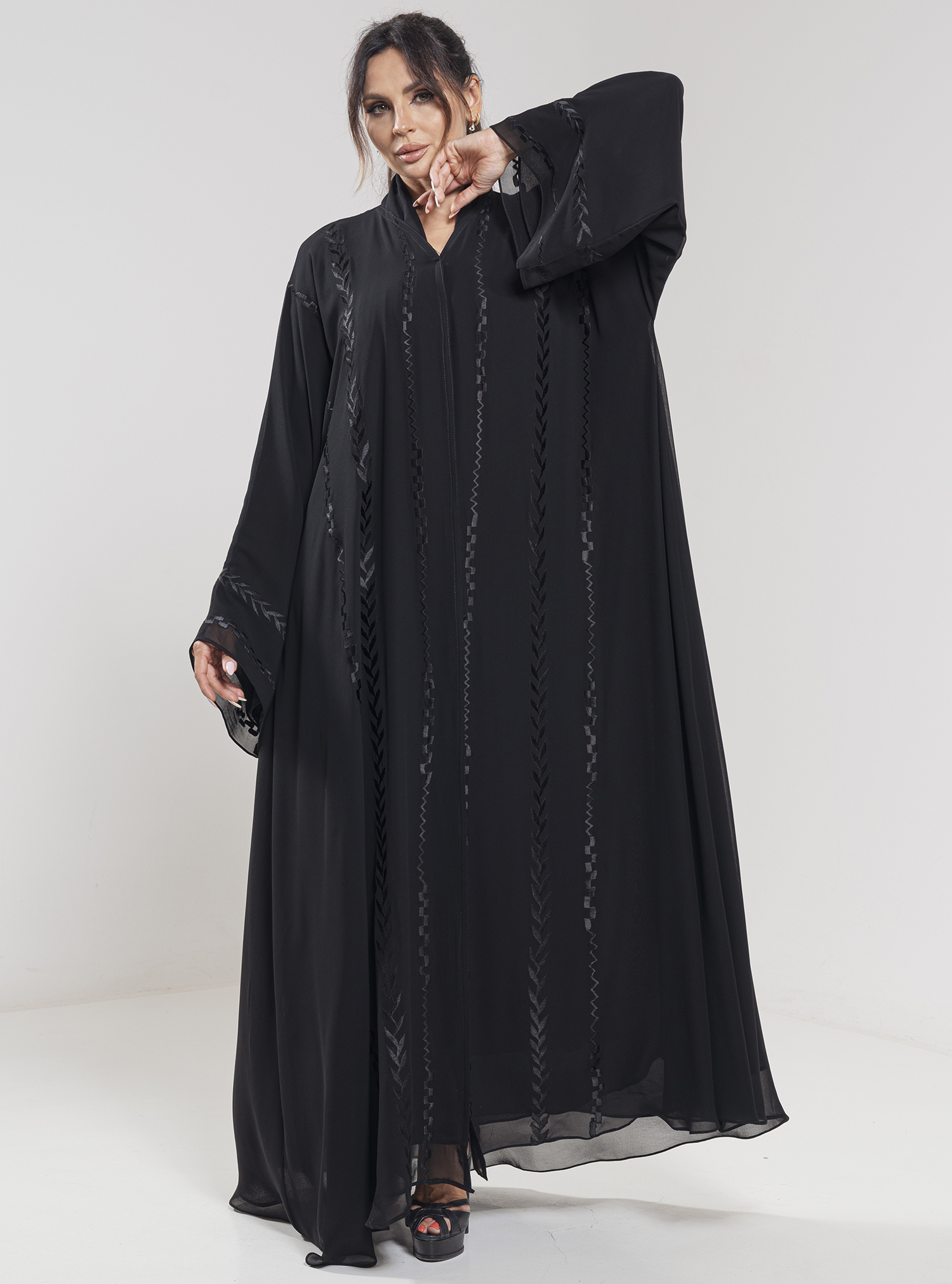 Black Panther Double chiffon abaya with embroidered trimmings.Comes ...