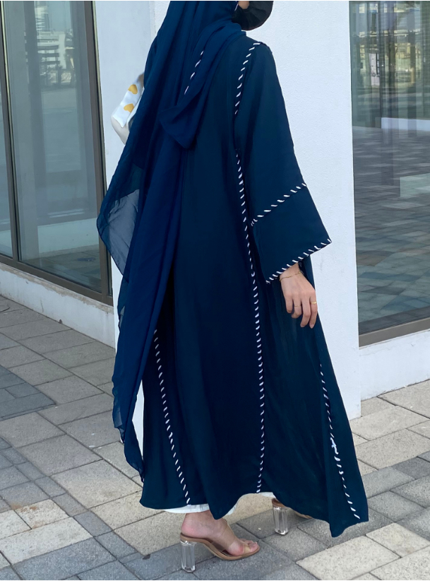 ZINA Set Blue abaya with white thread detail with inner dress. Comes