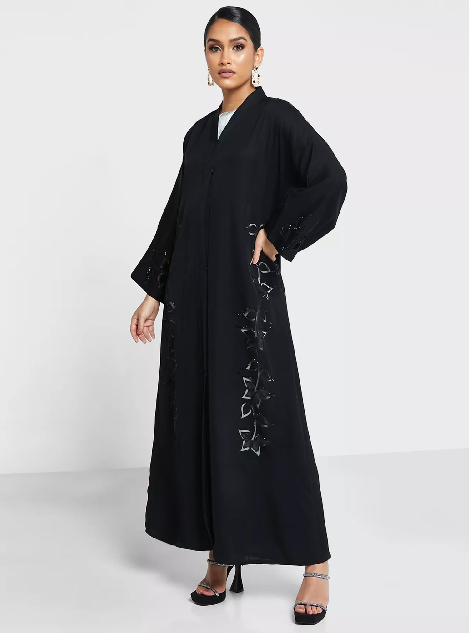 SHAJAM5527 Black abaya with floral cut-outs. Comes with matching ...
