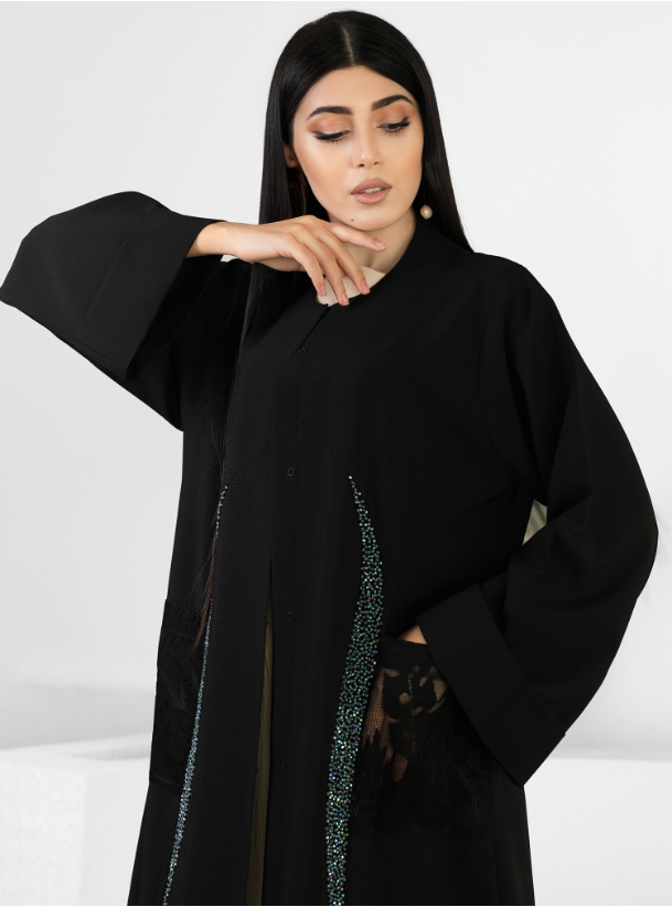 AB- 3668 Abaya Black abaya with dantel pocket and adorned with shiny ...