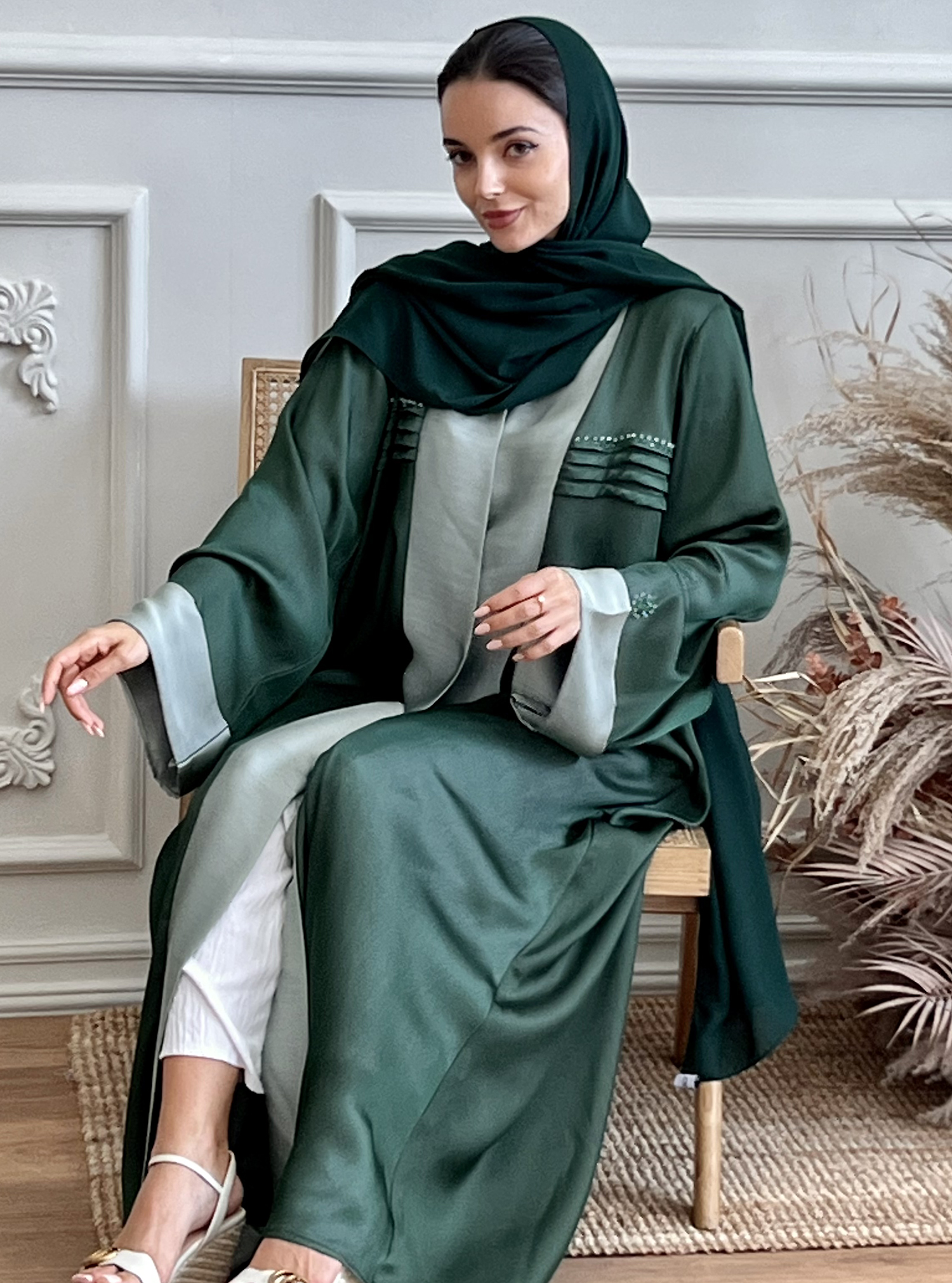 Forest Mystic Double faced Abaya subtly decorated with pleats and hand ...