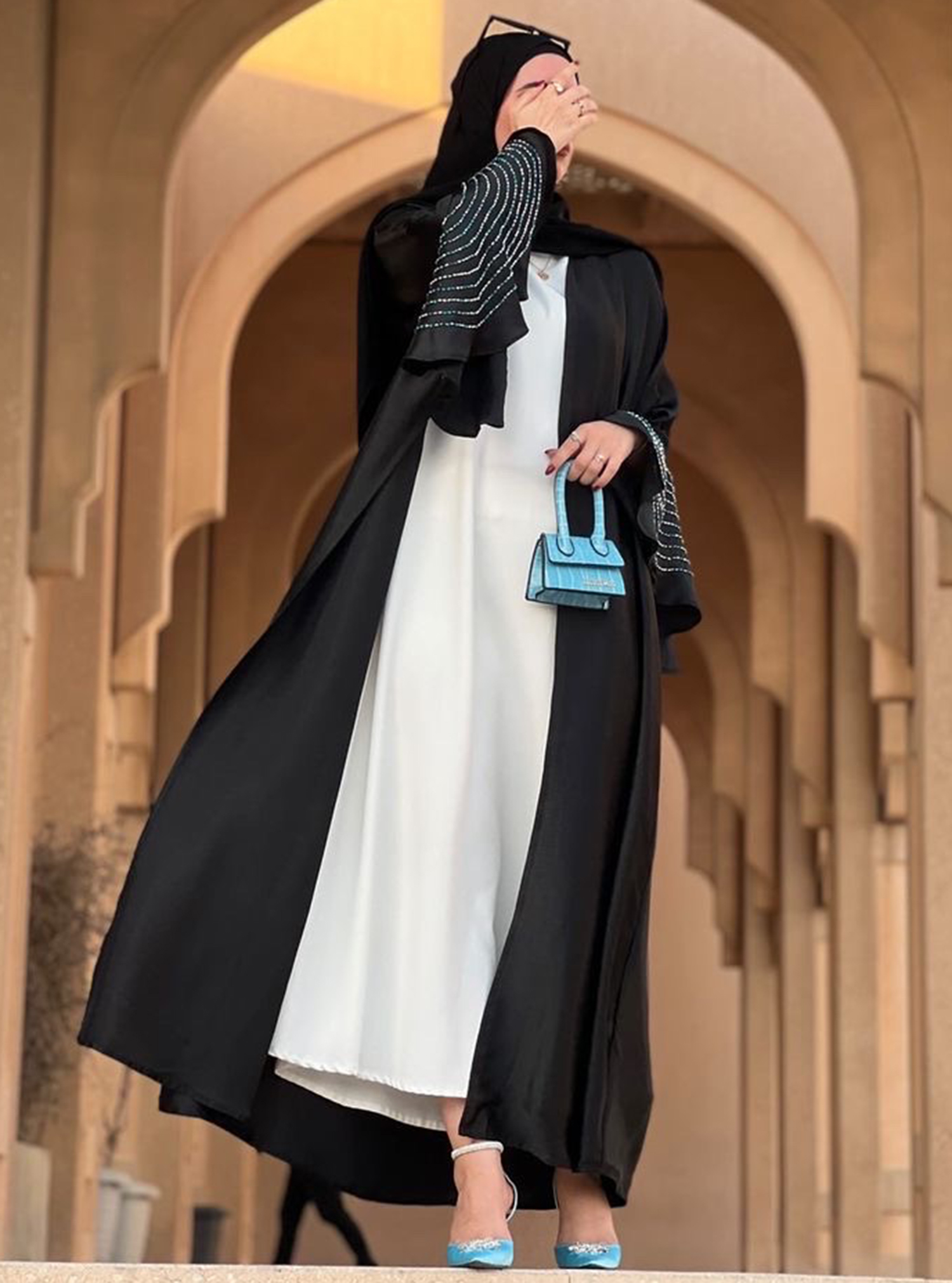 Turquoise abaya Black luxury abaya with Turquoise hand made beads ...