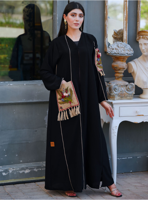 Black Abaya Black abaya with burlap embroidered patches and pocket ...