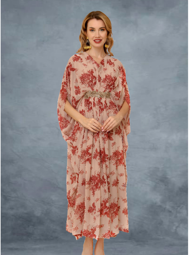 Beige kaftan 2 piece set of inner and printed kaftan tieable inside