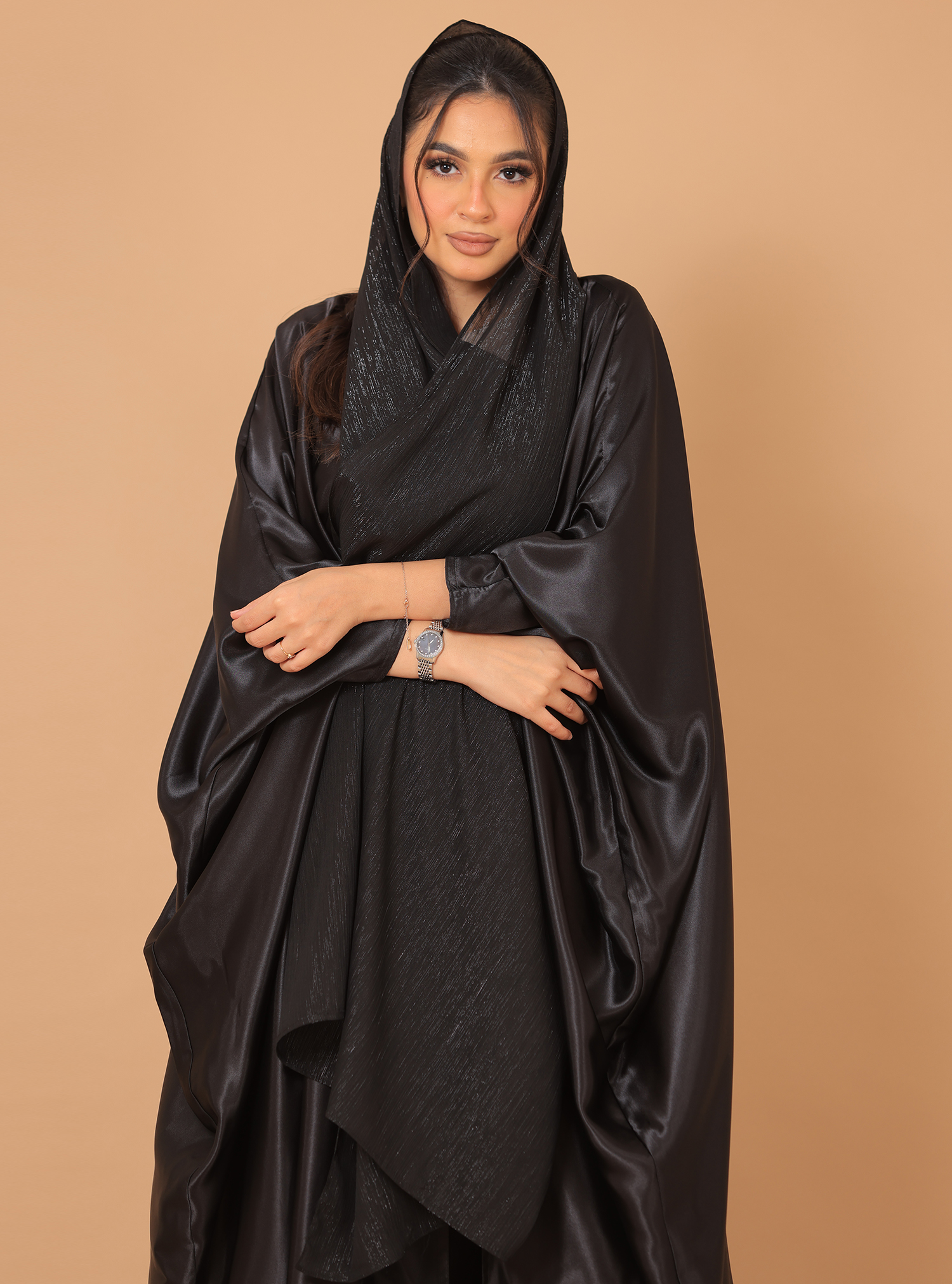 Nov3-50 Black plain indonesian silk abaya with glitter chiffon shaila ...