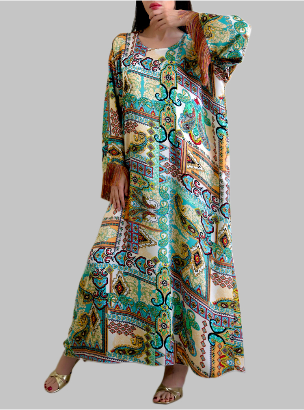 Fringe Kaftan Silk Abstract Print Kaftan With Fringe Comes With Tassel