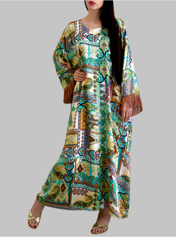 Fringe kaftan Silk abstract print kaftan with fringe. Comes with tassel