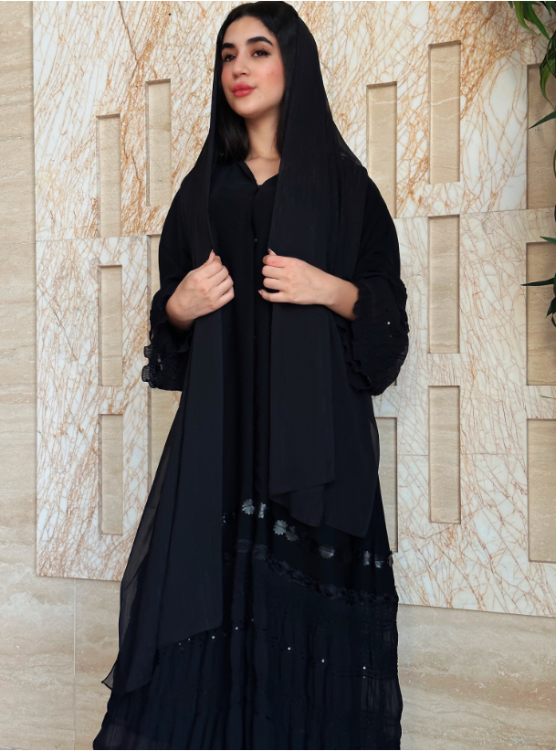 Lace abaya Lace & leather trim detailed abaya Abayas from Cloakshop at ...