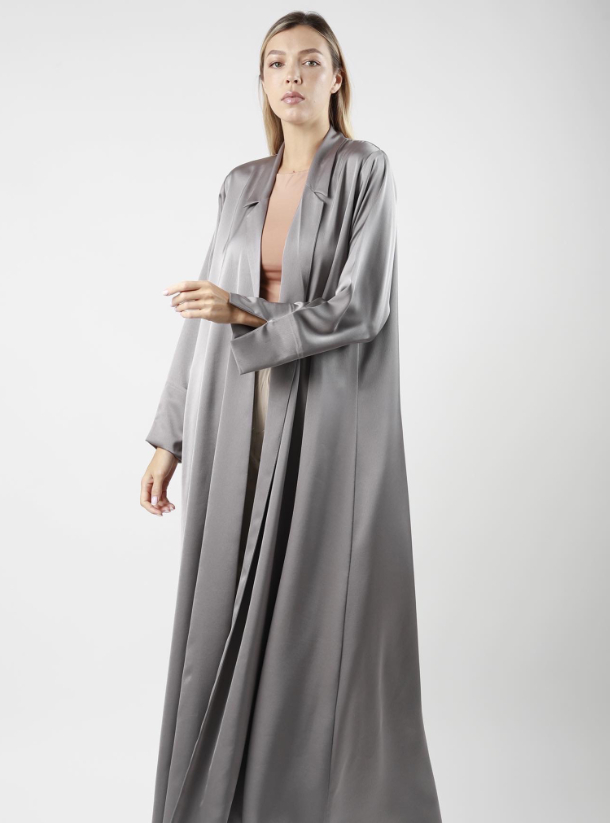 Wavy Silk Abaya Wavy Silk Abaya in steel grey shade. Designed in single ...
