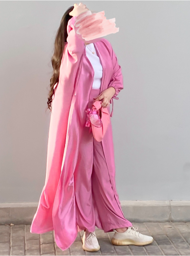 Pink Abaya Set A Practical Set Featuring An Open Abaya With Trousers ...