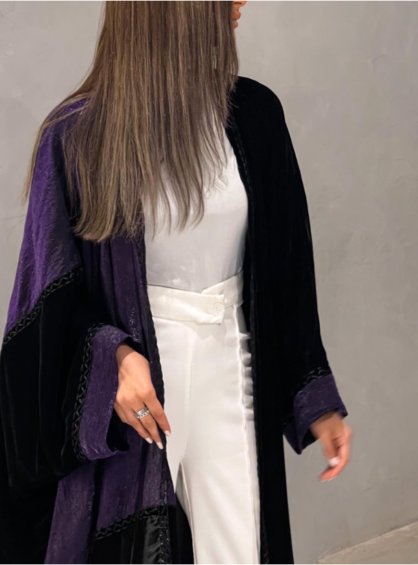 024 Abaya Black velvet abaya with purple colorblock patches adorned ...
