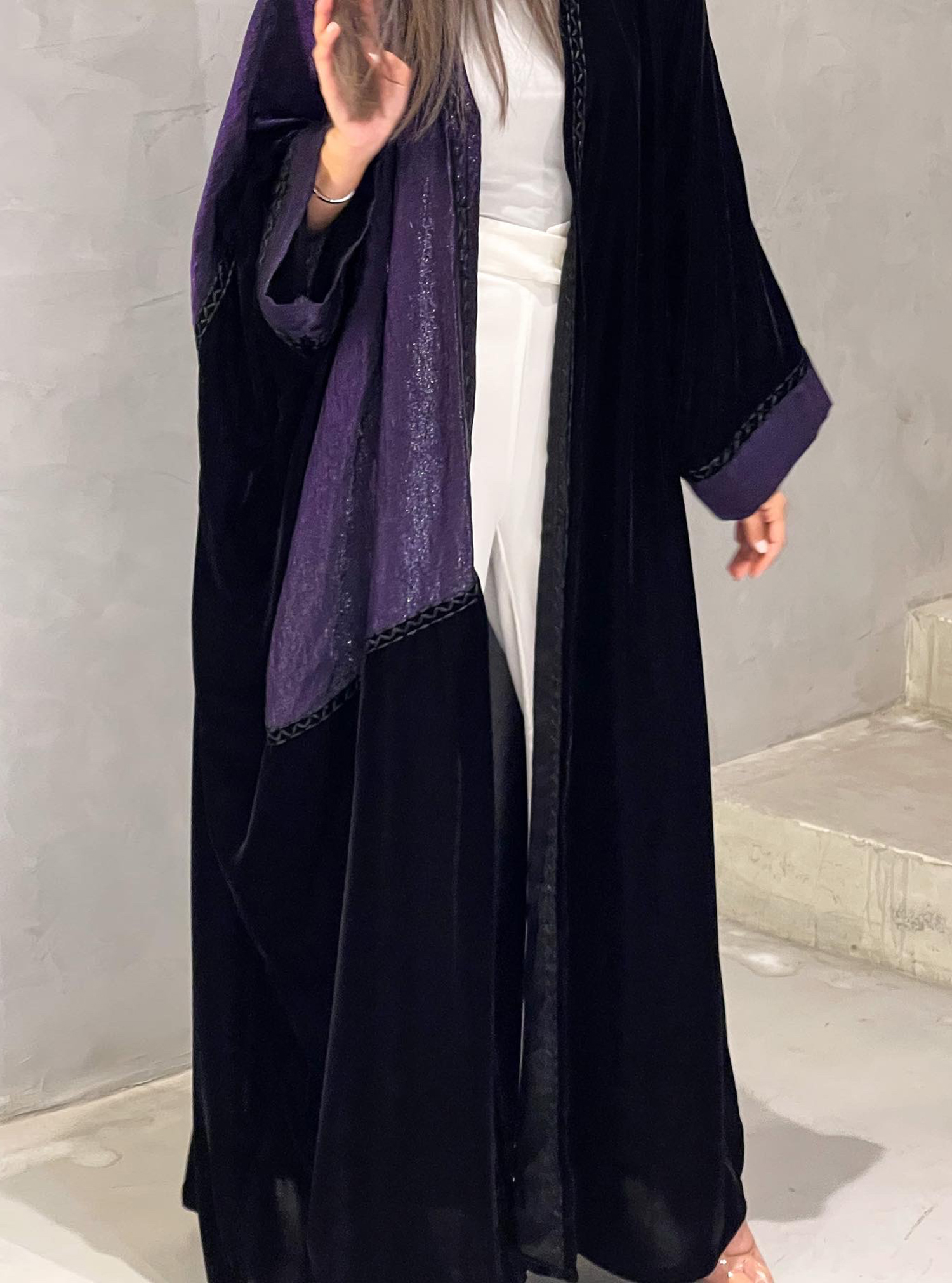 024 Abaya Black velvet abaya with purple colorblock patches adorned